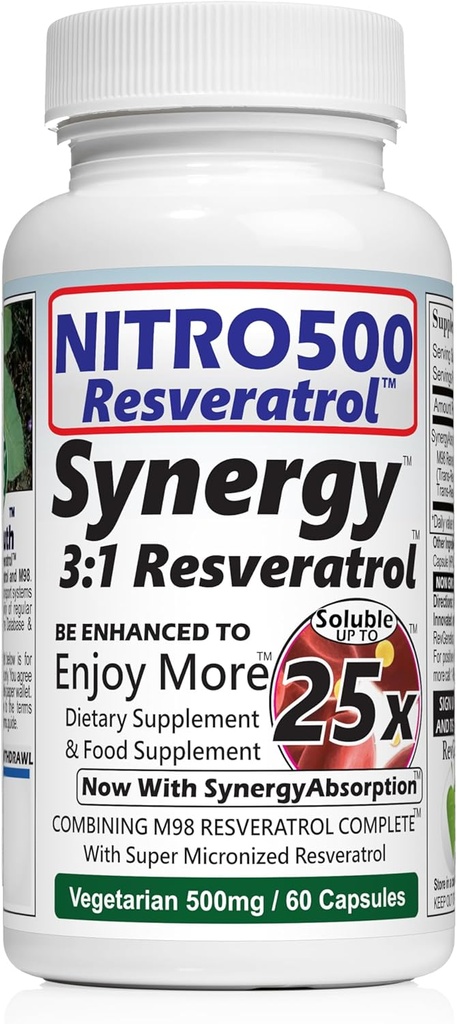 Nitro Synergy Resveratrol (Nitro500) enintään 25x Liukoisuus - 60 Kasvissyöjäkapselia - 30 tarjoilua - 500 mg per tarjoilu