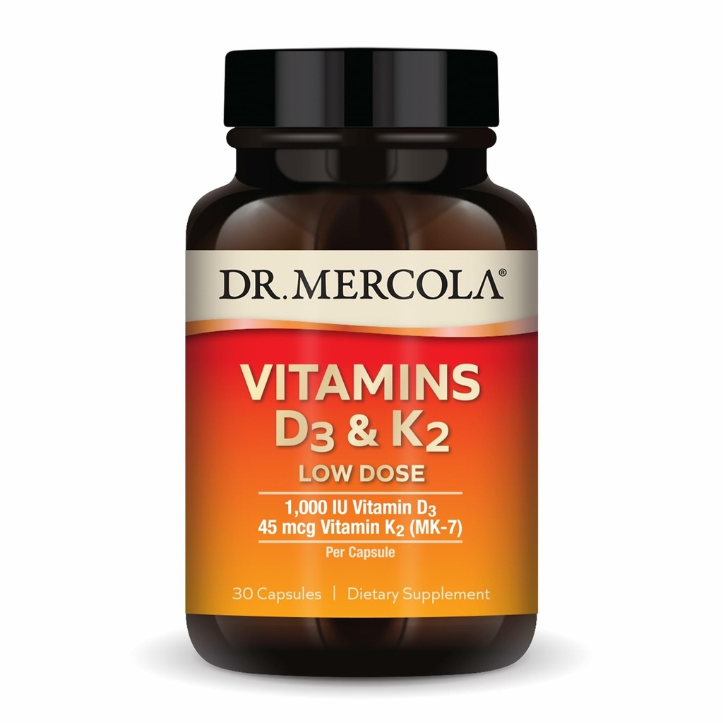 Dr. Mercola Vitamiinit D3 & K2 Pieni annos - Säilytä D-vitamiinitasot - Tukee Immuuni- ja luuterveys - MenaQ7 Chickpea-Lähdetty K2 - Ei-GMO, Gluteeniton & soija-vapaa - 30 kapselia (30 tarjoilua)