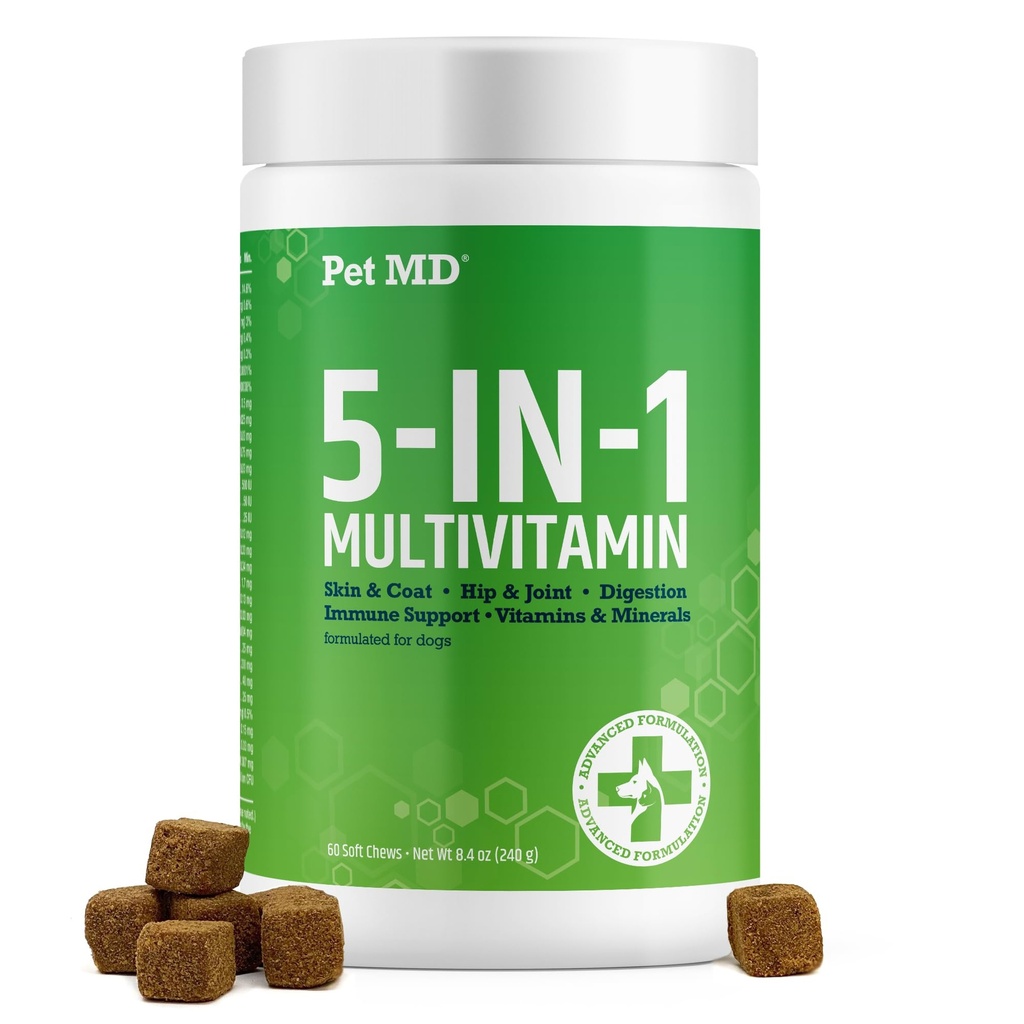 Lemmikki MD 5in1 Koira Multivitamiini - 30 Essential Vitamiineja, Mineraalit & ravintoaineet iholle & takki, hip & Joint, Digestion, Senior koira & pentu vitamiinit - Glukosamiini, Omega 3 6 9, & Probiootit - 60ct