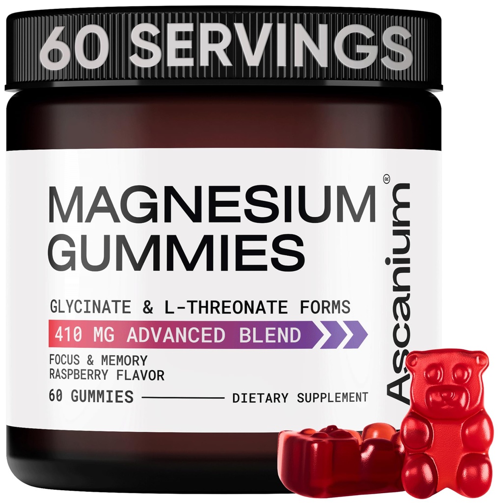 Magnesium Gummies - 410 mg Elemental Magnesium Glycinate & L-treonate Supplement Complex - Vegan Magnesium Glycinate Gummies rauhoittava mieliala, lihas-ja sydäntuki - puristava Magnesium Gummy 60 kpl