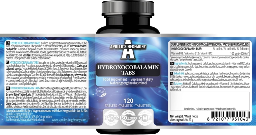 Hydraoksokobalamiini 100 μg/annos - B12-120-vitamiini Vegaanitabletit - 480 tarjoilua - tukee hermostoa ja vähentää väsymystä - Apollon hegemonian ravintolisä