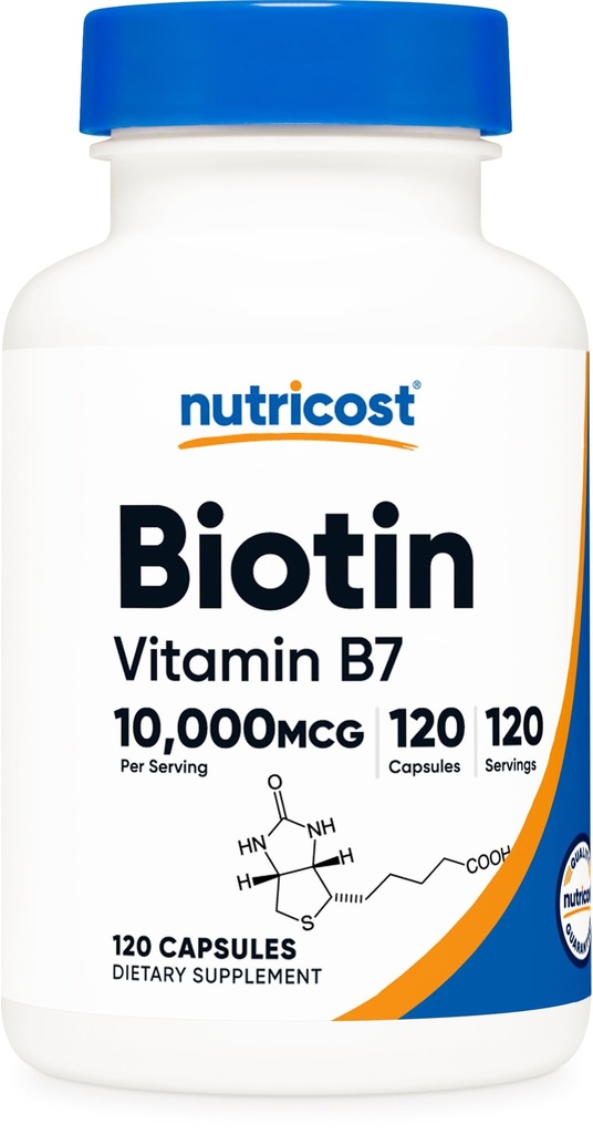 Nutricost Biotin (Vitamin B7) 10 000 mikrog (10 mg), 120 kapselia - Vegaani, gluteeniton, ei GMO:ita