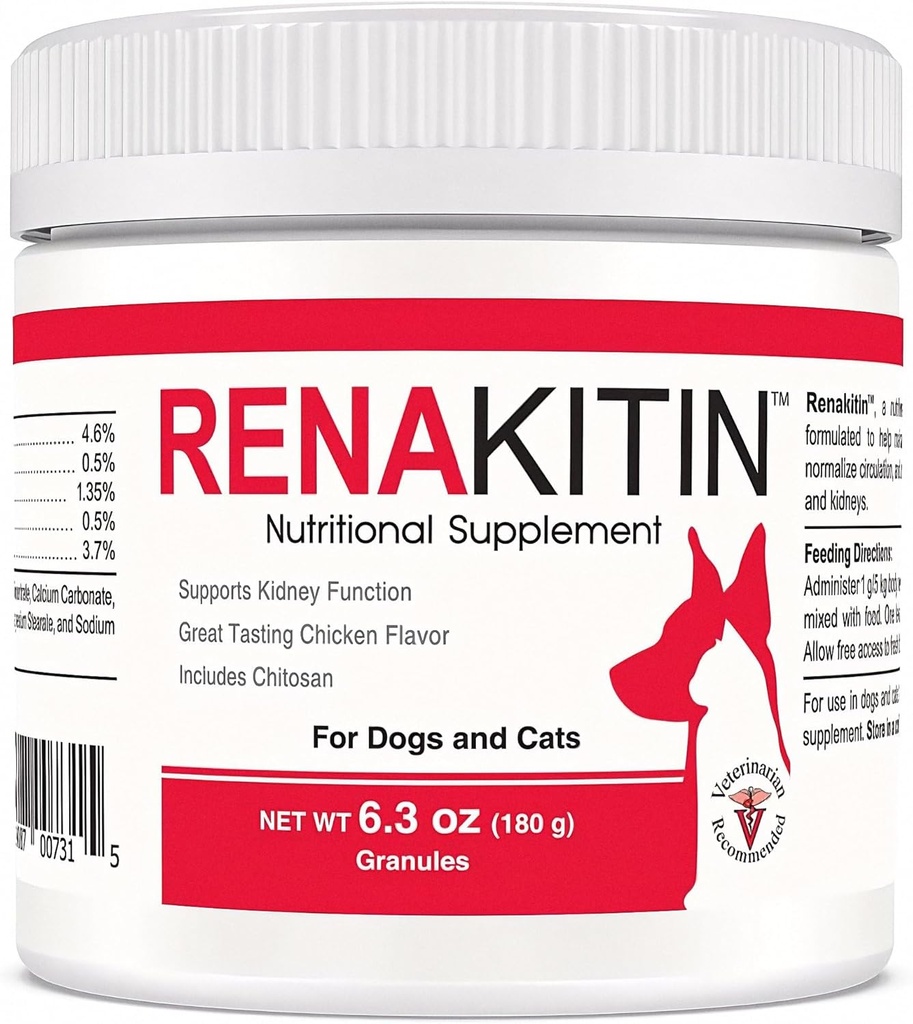 Renakitin munuaislisät koirille Kissat - sisältää kitosaania ja kalsiumkarbonaattia, tukea optimaalinen munuaistoiminta, suuri maistelu kananmaku, 6,3 oz