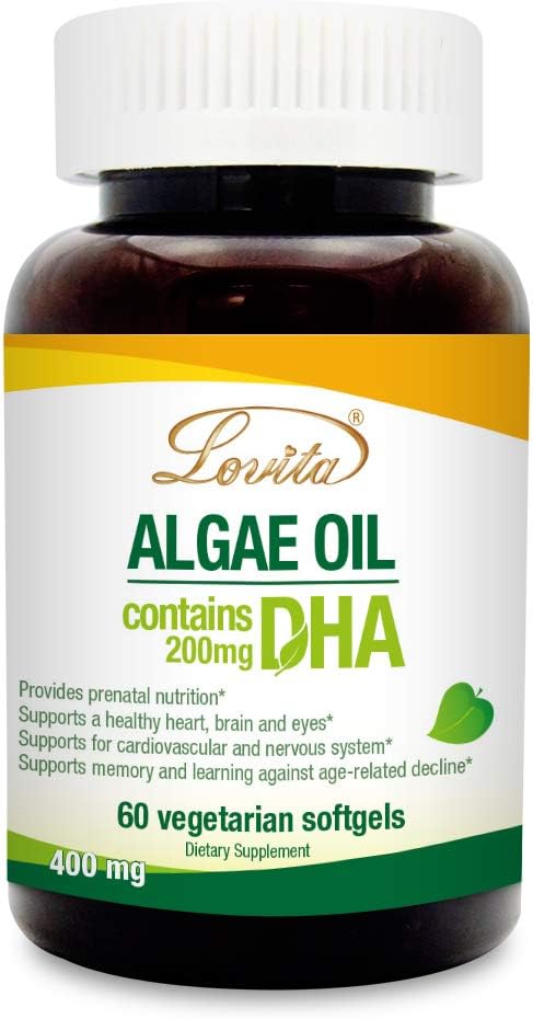 Lovita Algae Oil, Plant Based DHA Alternative till fiskolja, Vegan Omega 3 med DHA 200 mg, 60 Vegetariska Softgels