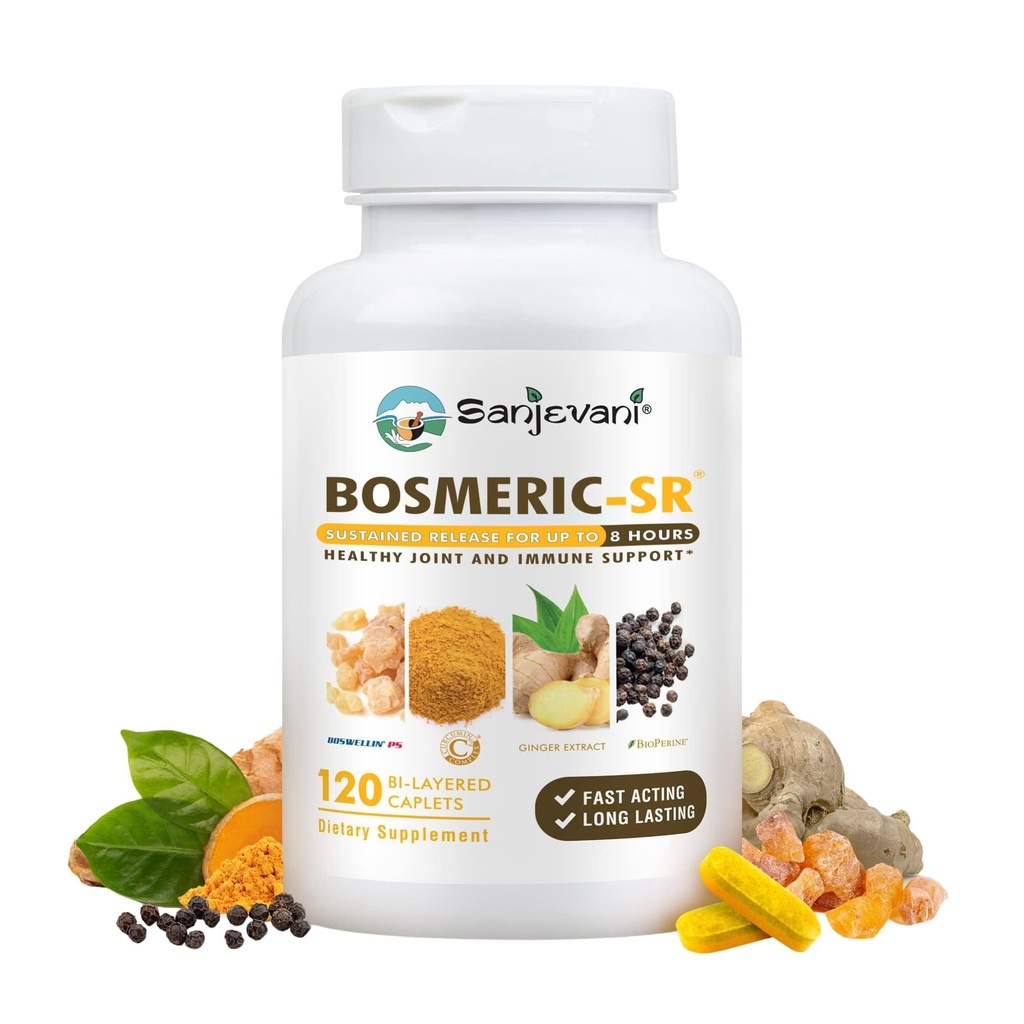Joint Immune Support Supplement, Patented Blend Turmeric Curcumin C3 Complex med Black Pepper, Boswellia PS Extract & Ginger, Fast-Acting 20 minuter, 8-timmars hållbar release, 120 Caplets - Sanjevani