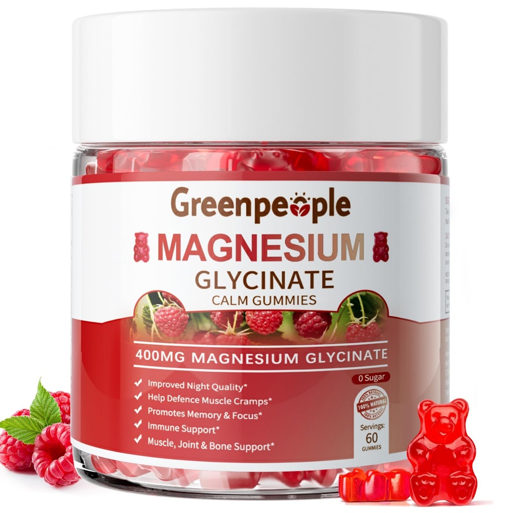 GREENPEOPLE Magnesium Glycinate Gummies 400mg - Sugar Free Magnesium Potassium Supplement med Magnesium Malate, Vitamin D, B6 och CoQ10 för Calm Support & Sleep för vuxna - Raspberry Gummies