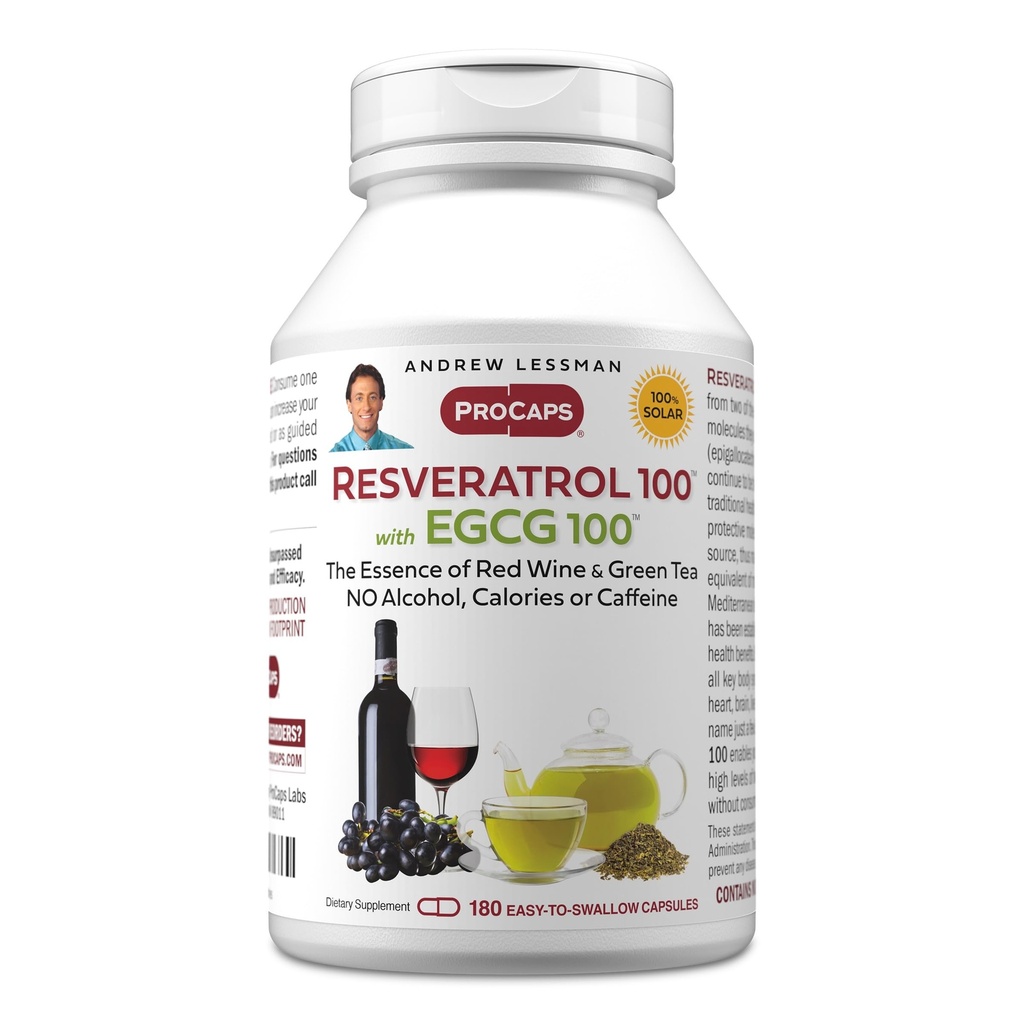 ANDREW LESSMAN Resveratrol-100 EGCG 100mg - 180 kapslar - Två naturligt förekommande antioxidanter, utan alkohol eller koffein.