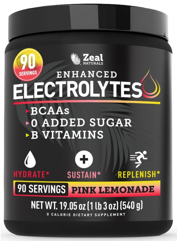 Zeal Naturals Electrolyte Powder Recovery Drink (90 portioner | Rosa Lemonade) w 0 Sugar +BCAAs +B-Vitamins Electrolyte Supplement w Potassium Zinc & Magnesium för Hydration - Keto Electrolytes
