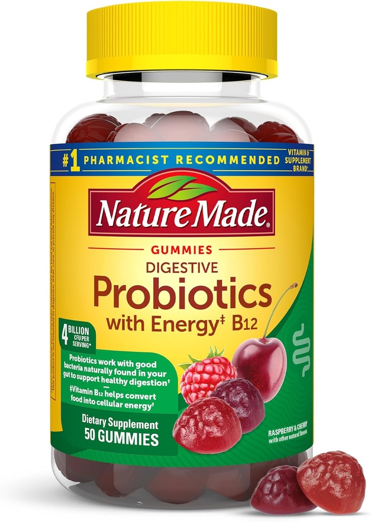 Luonto tehty digestiivinen probiootit ja energia B12 Gummies, Probiootit naisille ja miehille, 50 Probiootti Gummies, 25 päivän tarjonta