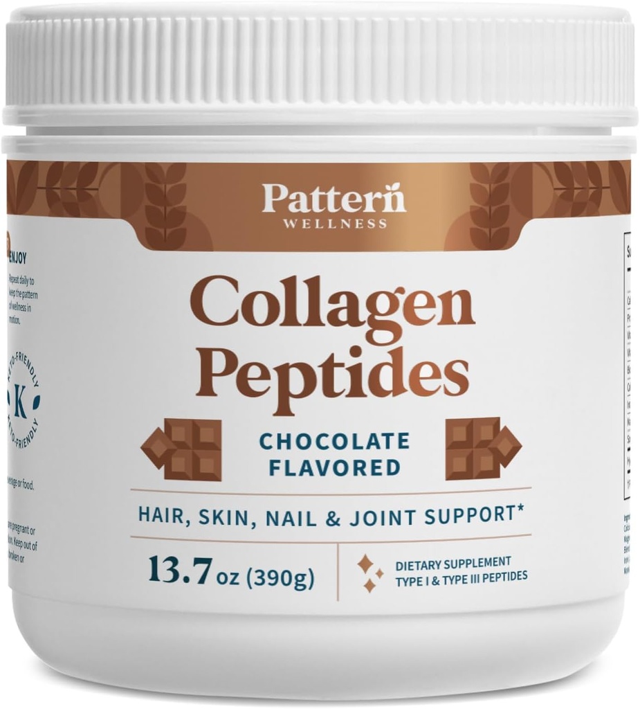 Pattern Wellness Collagen Peptides Powder (tyyppi I & III) - Hiukset, kynnet, iho ja yhteinen terveys - Grass Fed & Pasture Raised - Hydrolysed Collagen, ei-GMO, Dairy Free, & Keto - suklaa (13 Oz)