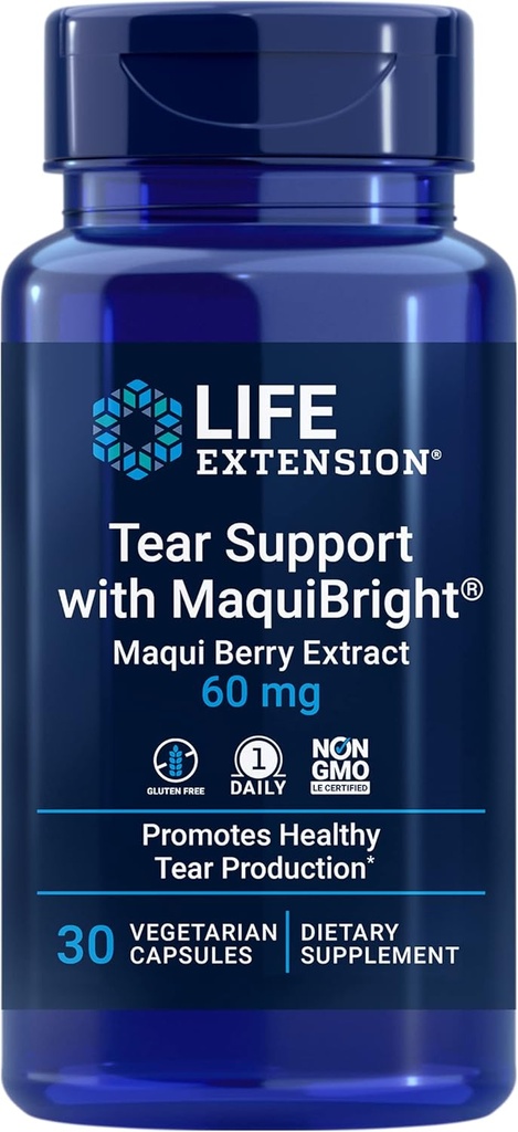 Life Extension Kyynel Support with MaquiBright®, 60 mg, Maqui Berry Extract for Dry Eyes, Tukee silmien terveyttä, kannustaa Kyyneltuotanto, Gluteeniton, ei-GMO, 1 päivittäin, kasvissyöjä, 30 kapselia