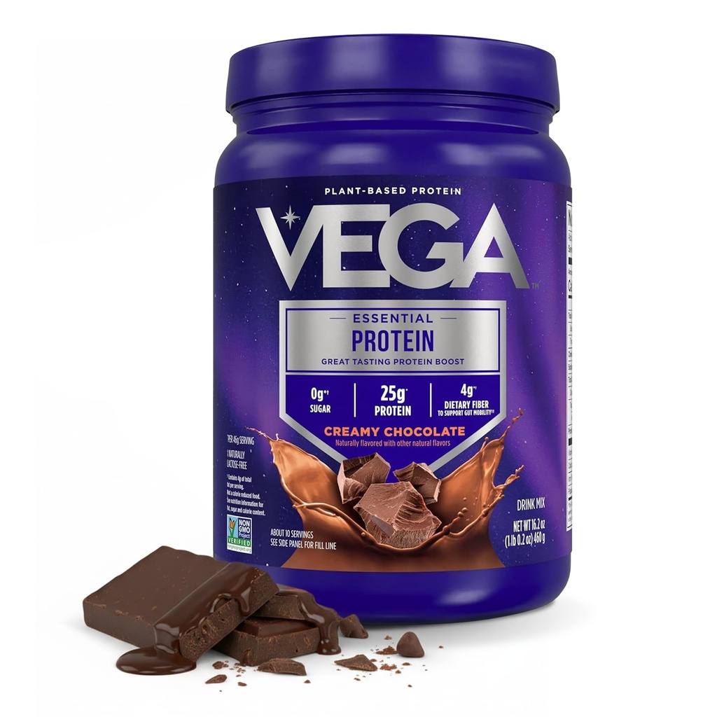 Vega Original Essential Protein - 25g Kasviperäistä proteiinia, kermaista suklaata, 10 tarjoilua, Vegaani ei-GMO Drink Mix, Smoothie & Shake Valmiina, Gluteeniton, Dairy Free, 16,2oz (Pakkaus May Vary)
