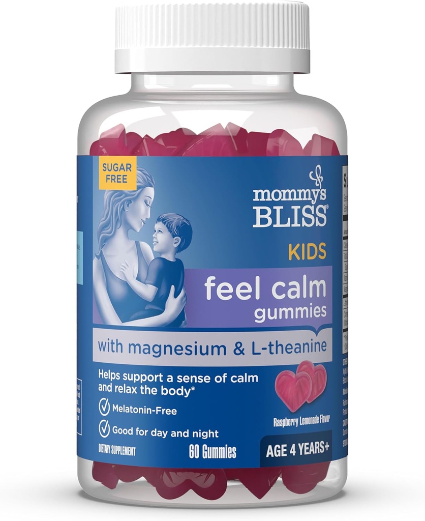 Äidin Bliss Kids tuntea rauhallinen Gummies, tukea järkeä rauhoittaa ja rentoutua kehon, valmistettu magnesium, L-theanine, sokeriton vadelma Lemonade Maku, Ikä 4+, 60 Gummies
