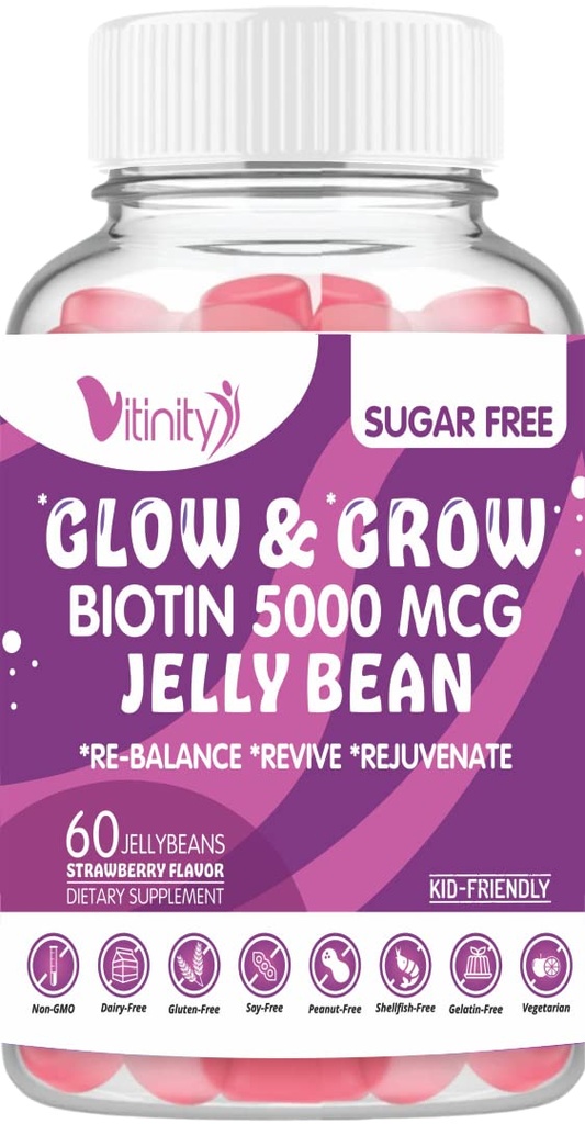 VITINITY Biotin 5000 Mcg Extra Strength Vegetarian (Vitamin B) Sugar-Free Supplement-Supports Healthier Hair & Skin - Kvinnor & Män 60 Veggie Sugar-Free Jelly Beans (30 Dag Supply)