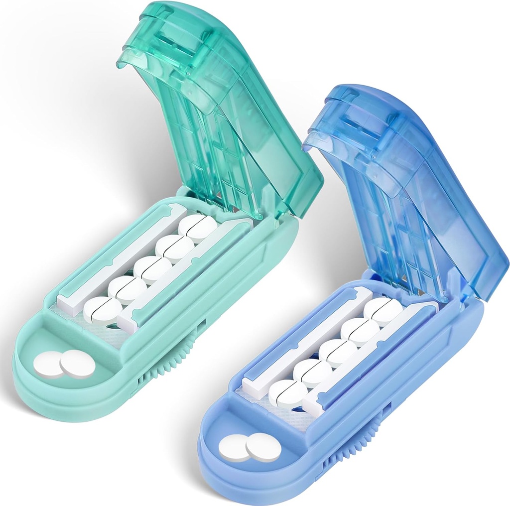 DUBSTAR 2PCS pilleri leikkuri Splitter pienille ja pienille pillereille, useita pillereitä pienille tai suurille pillereille, säädettävä pilleri splitter keskuslaite ja terä Guard (Blue+Cyan)