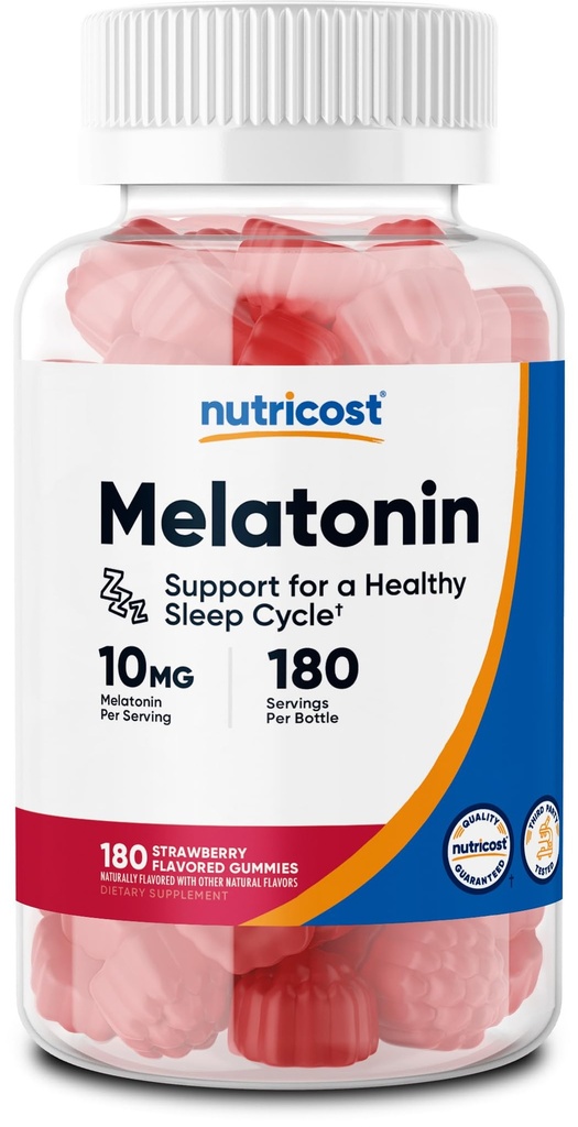 Nutricost Melatoniini 10mg, 180 Gummies, Mansikka Maku - Gluteeniton, ei-GMO, Ei maissisiirappi