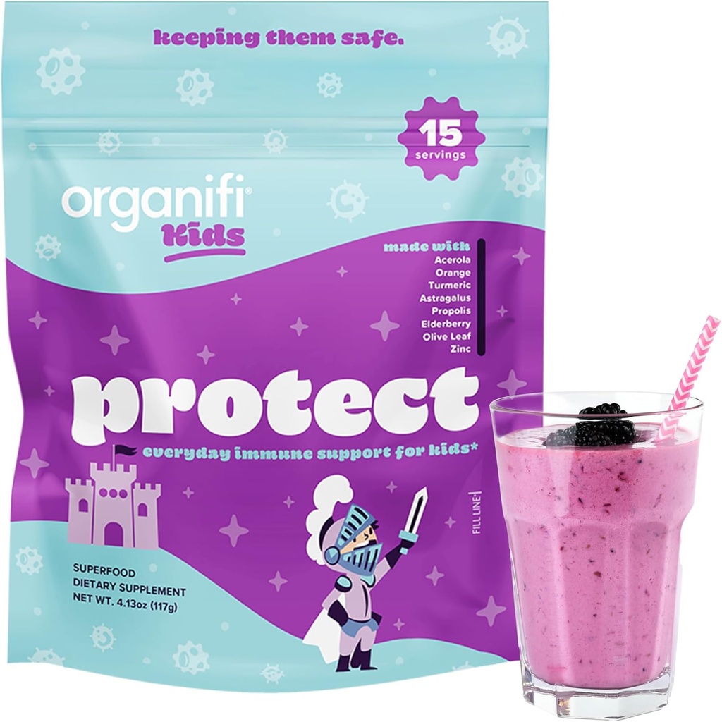 Organifiera barn: Skydda - Everyday Immune Support för barn med Elderberry, Acerola Cherry och Zink - Berry smaksatt immunitetspulver - Plantbaserad, Vegan och ingen gluten, mejeri eller soja - 15 portioner