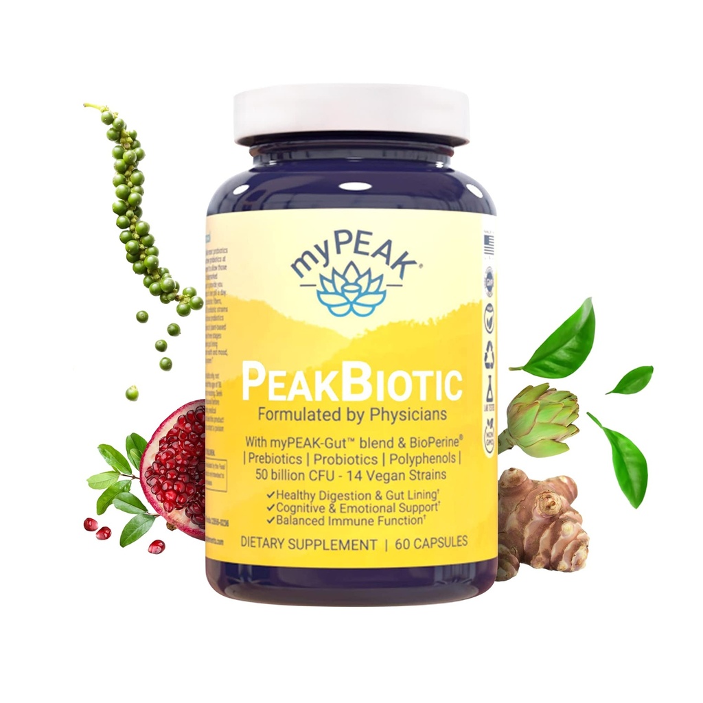 myPEAK PeakBioottinen: Ultimate Vegan Synbiootti 50 miljardia PMY Probiootit Prebiootit Postbiootit Modibiootit ja Gut Lining parantaa digestio, iho, ja mieliala 2-kuukautinen Supply, 60 kapselia