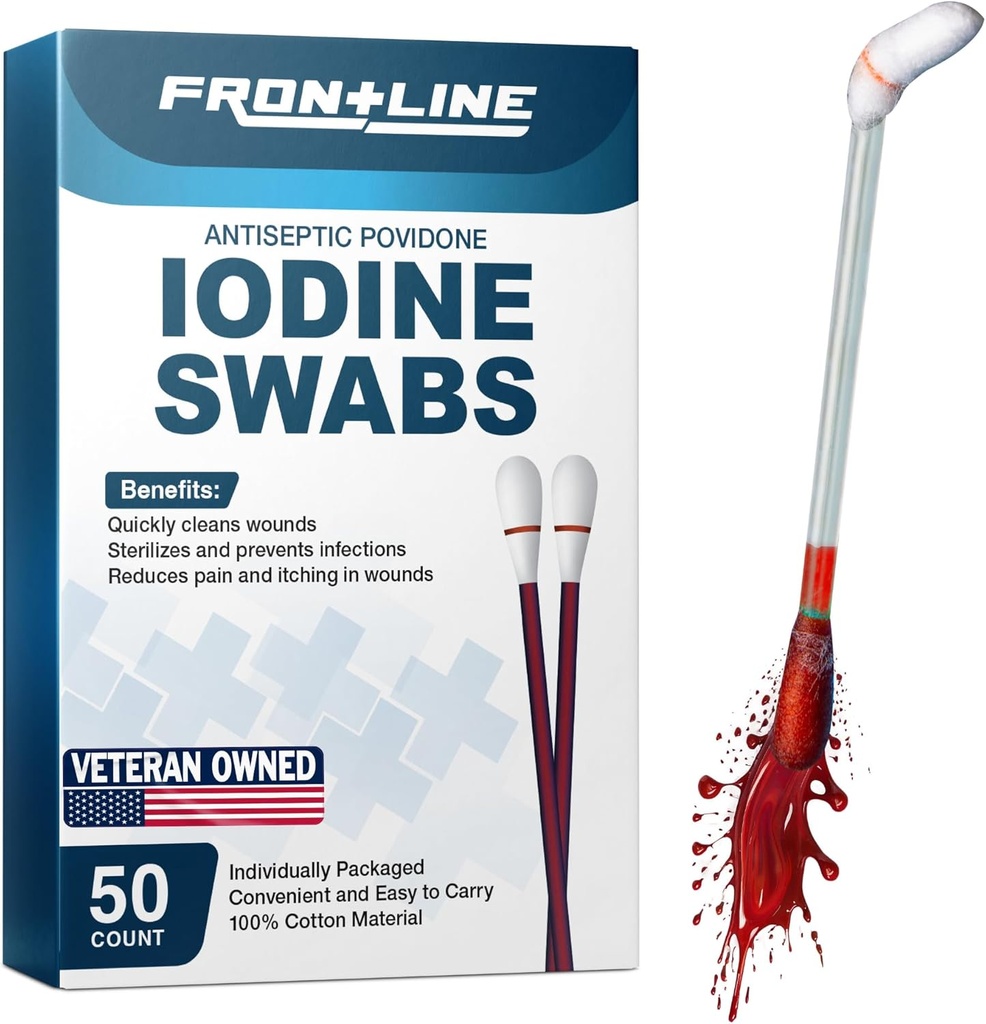 FrontLine Povidoni Jodi Swabs, Antiseptinen swabsticks, Jodi Solution, puhdistus Cotton Swab, henkilökohtaisesti kääritty Medical Supplies, Haavanhoito, Ensiapu, Haavojen puhdistusaine, Laatikko 50