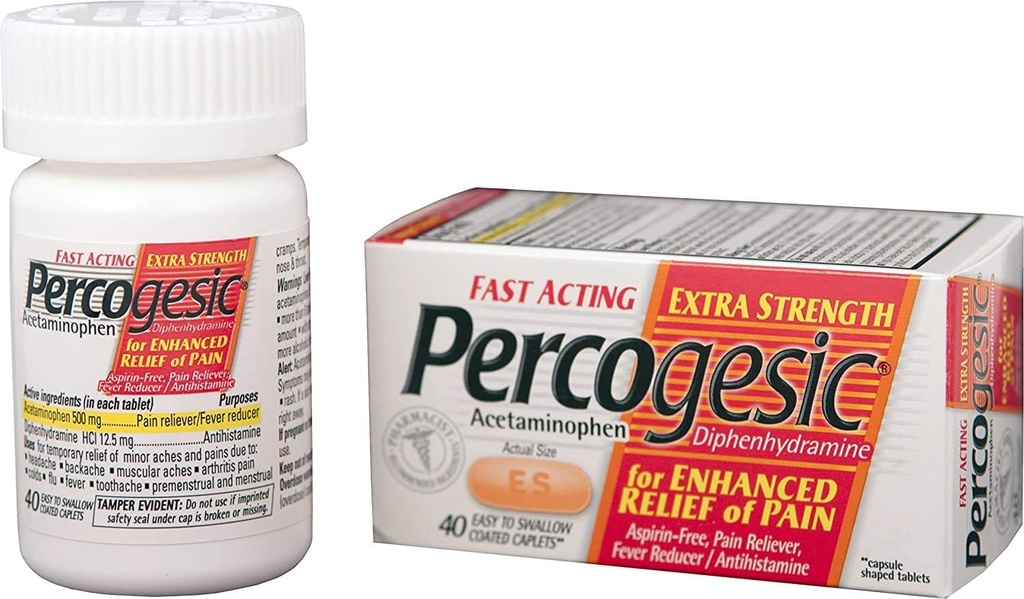 Perkogesic Aspirin Free Pain Relief Tabletit, Extra Strength, asetaminofeeni ja difenhydramiini, 40 kt (Pakkaus 1)