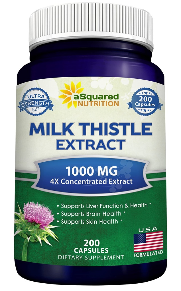 aSquared Nutrition Milk Thistle Supplement 1000mg-200 kapselia,Max Strength 4X tiivistetty uute 4:1 Milk Thistle Seed Powder Herb Pills, 1000 mg Silymarin uute maksan tuki, Cleanse, Detox