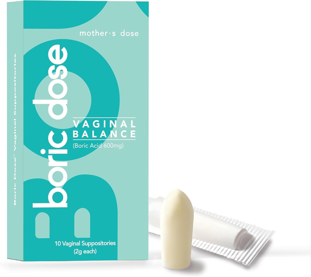 Mothers Dose Boric Acid Suppositories - underhåller och balanserar hälsosamt vaginalt pH, hanterar lukt, Hydrates, & Moisturizes. USA tillverkad med tillsatt kakaosmör och kokosolja