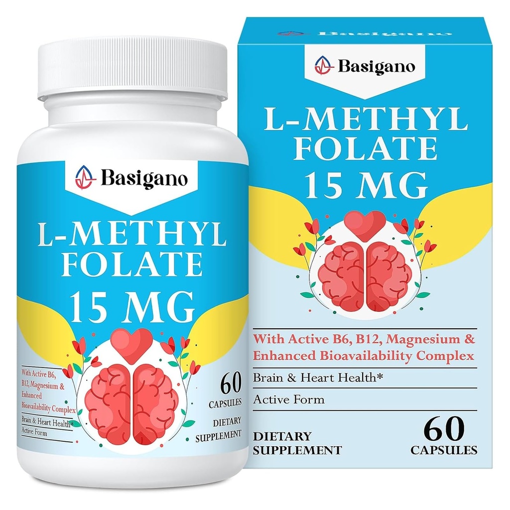 15mg L Methylfolate (5-MTHF) - Aktiv folsyra berikad med vitamin B6 och B12-60 Vegetariska kapslar - Non-GMO, Gluten-Free