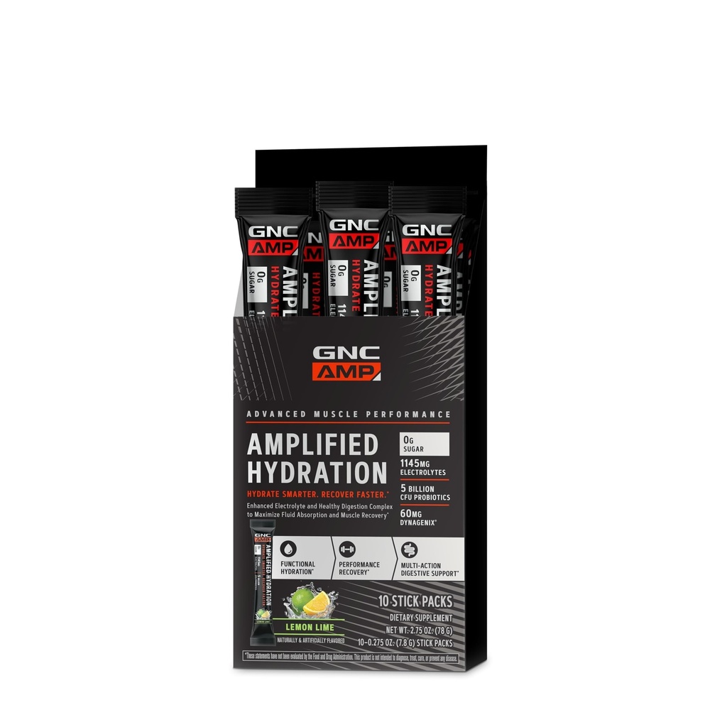 GNC AMP Amplified Hydration Electrolyte Powder Drink Mix | Förbättrad Electrolyte & Healthy Digestion Complex | Lemon Lime | 10 Räkna