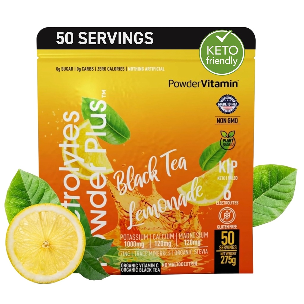 Elektrolyyttejä Powder Plus (50 tarjoilua) Black Tea Lemonade Electrolyte Powder Zero Calorie Keto,0 Sokeri, Ei Maltodekstriini,1000 mg Kalium,120 mg Kalsium, 120 mg Magnesium, nesteytysjauhe
