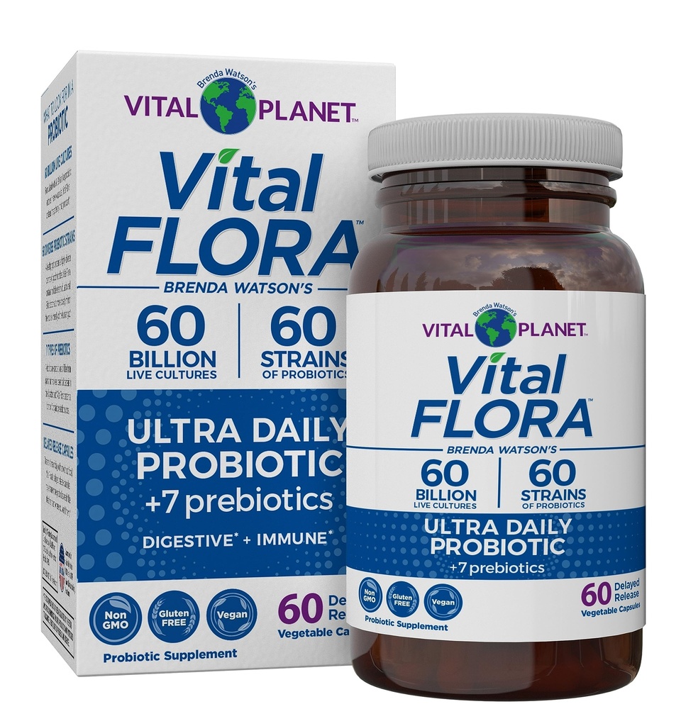 Vital Planet - Vital Flora Ultra Daily Probiootti 60 miljardia PMY, Diverse kannat, Organic Prebiootit, Immuuni tuki, turvotusta lievittävä, Ruoansulatuskanavan probiootit naisten ja miesten 60 kapselia