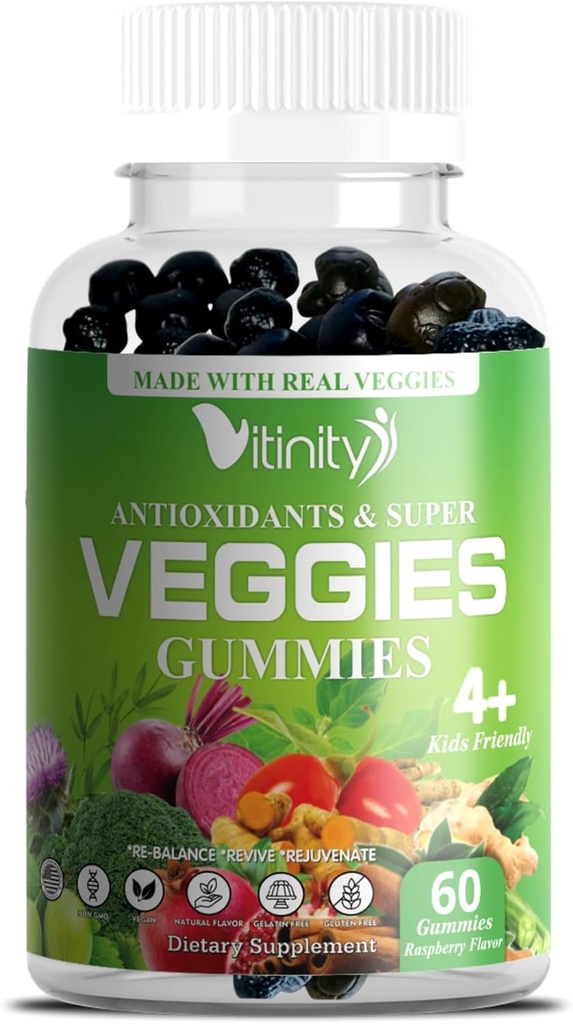 VITINITY Made with Real Super Veggies Delicious Gummy Supplement,Men,Women & Kids(60 Chews),30 Veggies, Herbs,Fruit and Vegetable Vitamins,Non-GMO,Pectin-Based, Gluten-Free,No More Pills (30 Day Supply)