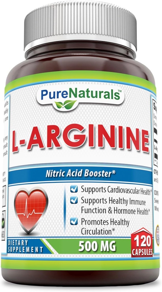 Puhdas Naturals L-arginiini 500 Mg kapselit, tukee sydän- ja verisuoniterveys, tukee tervettä Immuniteettia & Hormoni terveys, edistää tervettä verenkiertoa (120)