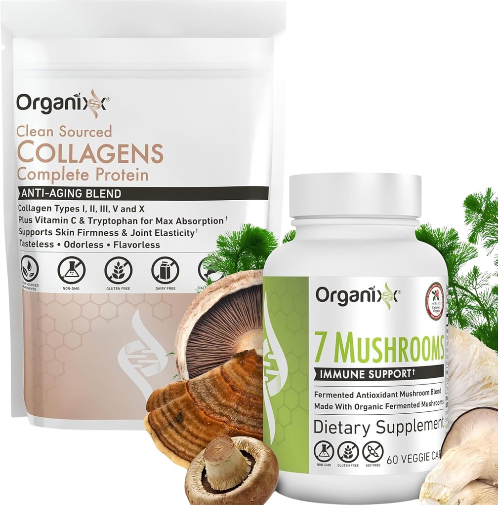 Organixx Clean Surfaced Collagen Powder, makuton, 20 tarjoilua & Luomu sieniä täydentää (60 kasvissyöjän kapseli)