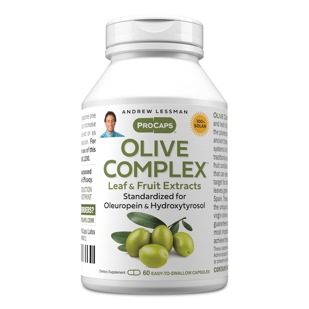 ANDREW LESSMAN Olive Complex - 60 kapslar - Leaf och fruktextrakt. Standardiserad för Oleuropein och Hydroxytyrosol för att stödja hjärt- och immunhälsa. Liten lätt att svälja kapslar