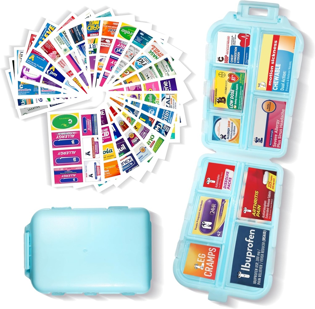 Pilleri Järjestäjä lääketieteen Tunnisteet 161 Labels Travel Daily Pill Container Mini Lääkkeet Organizer Storage Pill Organizer Travel Essentials Pill Case 7 Day (Blue, 1 Pack)