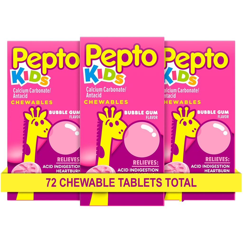 Pepto Kid's Chewable Tablets for Heartburn, Acid Indigestion, Sour Stomach och Upset Stomach, Bubblegum Flavor, 72 Total (3 Packs of 24)