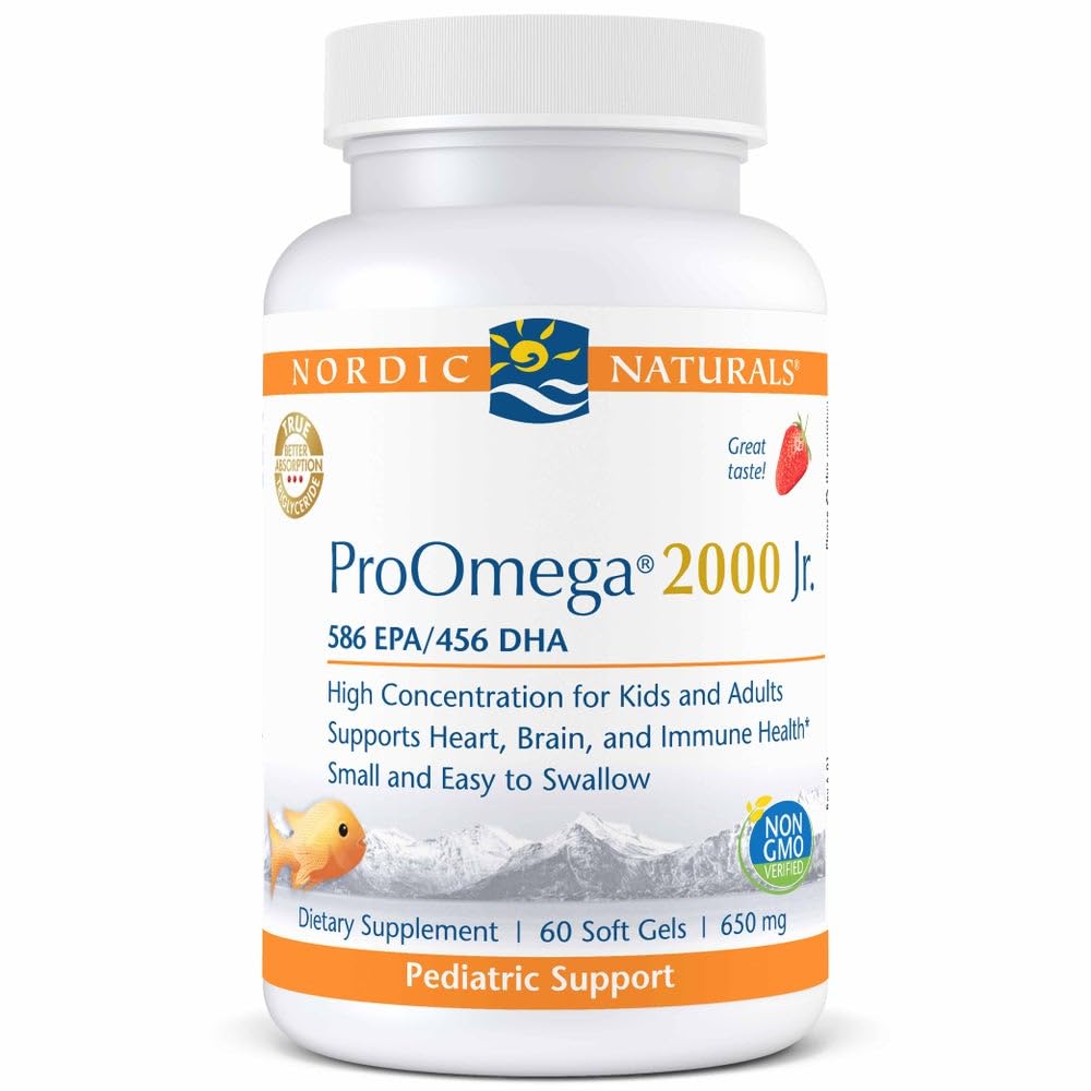 Nordic Naturals ProOmega 2000 Jr., Mansikkamaku - 60 pehmeää geeliä - 1120 mg Omega-3 - Ultra Potent Fish Oil - EPA & DHA - Edistää aivoja, sydäntä ja immuuniterveyttä - ei-muuntogeenisiä organismeja - 30 tarjoilua