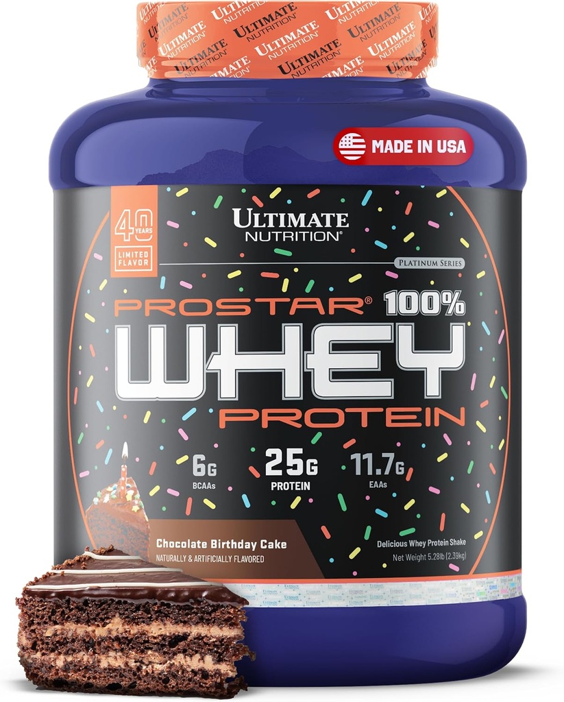 Ultimate Nutrition Prostar Whey Protein Powder Isolate, Chocolate Syntymäpäiväkakku - Low Carb, High Protein Powder Shake for Muscle Gain & Recovery - Alhainen natrium, matala rasva & Keto Friendly - 5.28 lbs Tub