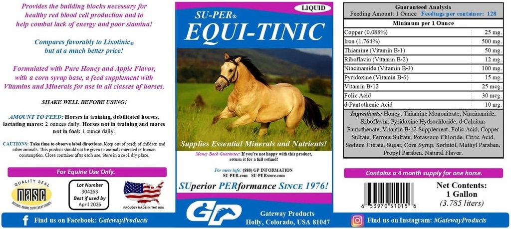 Su-PER Equi-Tinic Horse Minerals Supplement - Essential Minerals and ravinteet terveille verisoluille ja energia - 1 Gallon
