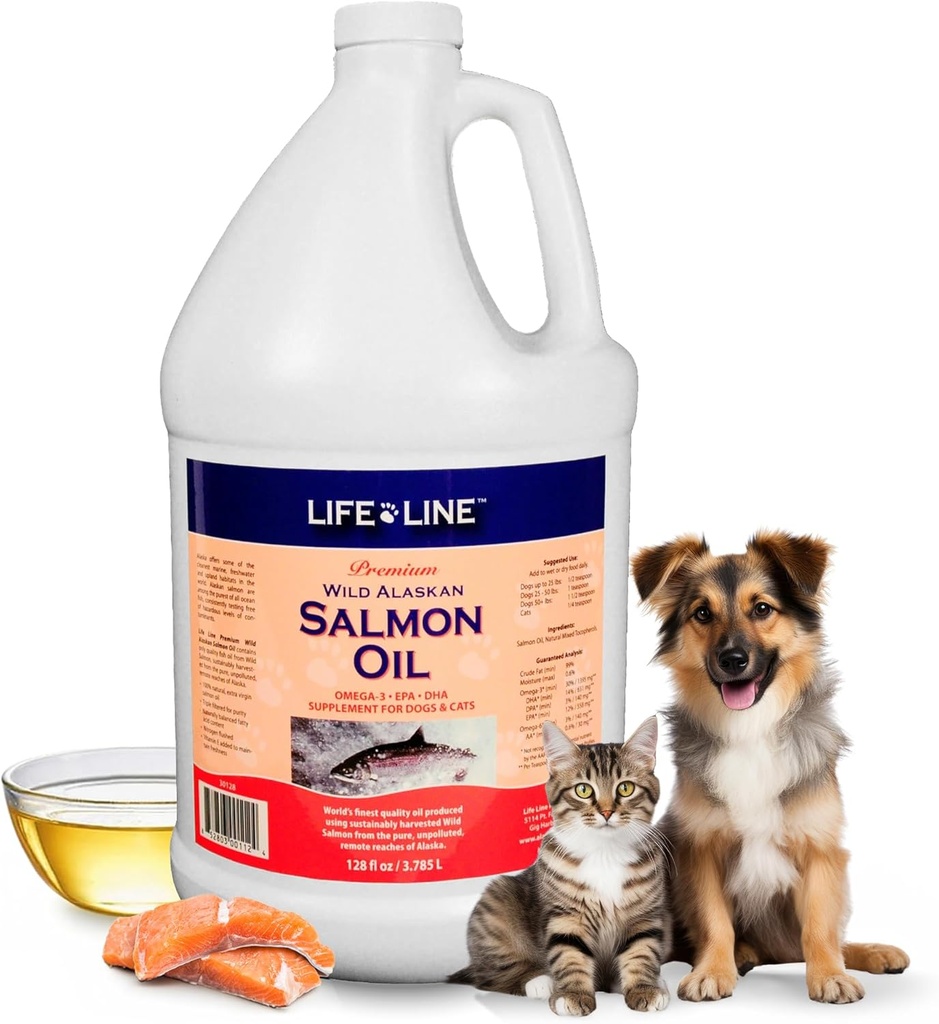 Life Line Wild Alaskan laxolja för hundar och katter | Omega-3 fiskoljetillskott för hudhälsa, Shiny Coat & Joint Support - 128 oz