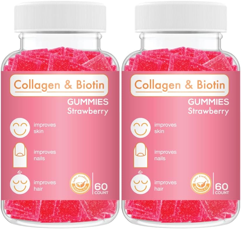 Collagen Biotin Gummies - Stöder hår, hud och naglar hårväxt Anti Aging Care Chewable Gummy Vitaminer, Vegan, Non-GMO, Gluten Free, Gelatin Strawberry Flavor 120 greve, Rosa