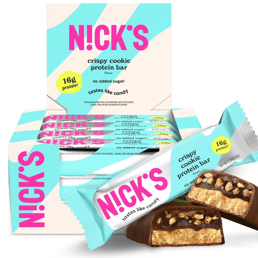 Nick's Protein Bars Crispy Cookie Chocolate, High Protein, Low Calories, Low Carb, Keto Friendly Snacks Ei lisättyä sokeria (monipakkaus 12 baaria x 50 g), Crispy Cookie maku