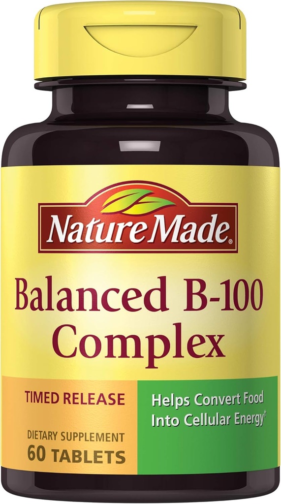 Nature Made Balanced B-100 Ajallinen vapautuminen (Tiamin, Riboflaviini, Niasiini, B6, B12, Biotiini, Pantoteenihappo ja Foolihappo) Tabletit 60 Ct