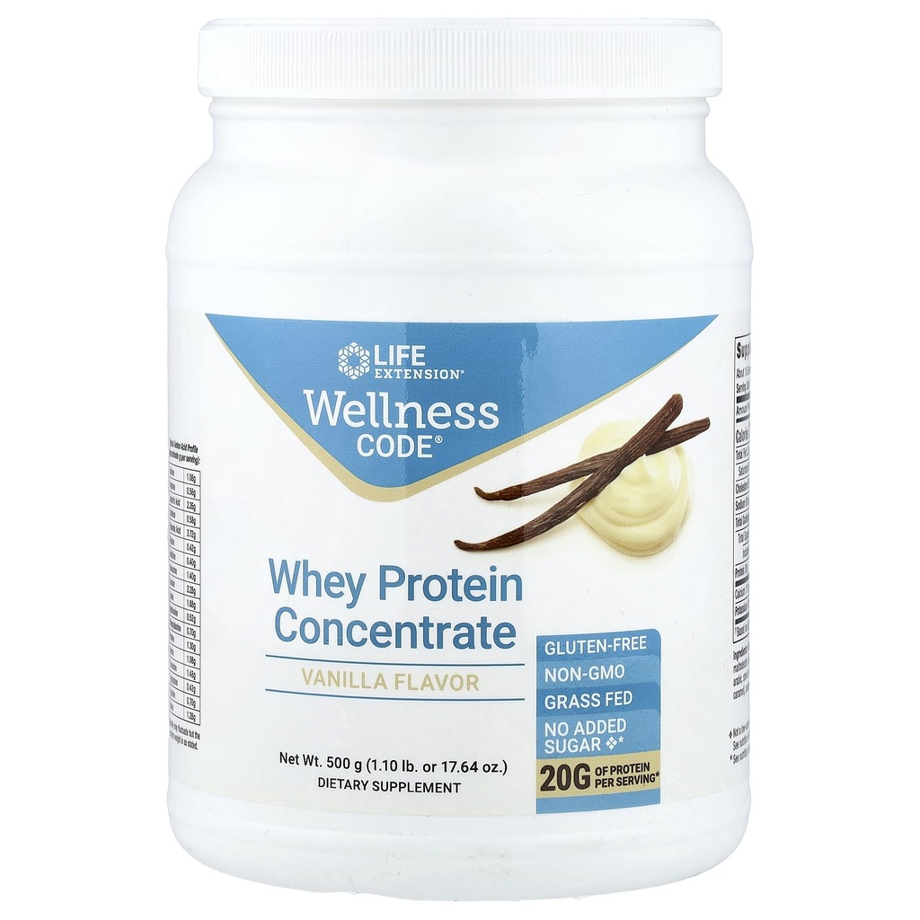 Life Extension Wellness Code Whey Protein Concentrate 20g Muscle Growth & Immune Health - Sourced From Grass-Fed, Free-Range, Hormone-Free Cows, Non-GMO, No Added Sugar, Vanilla-500g
