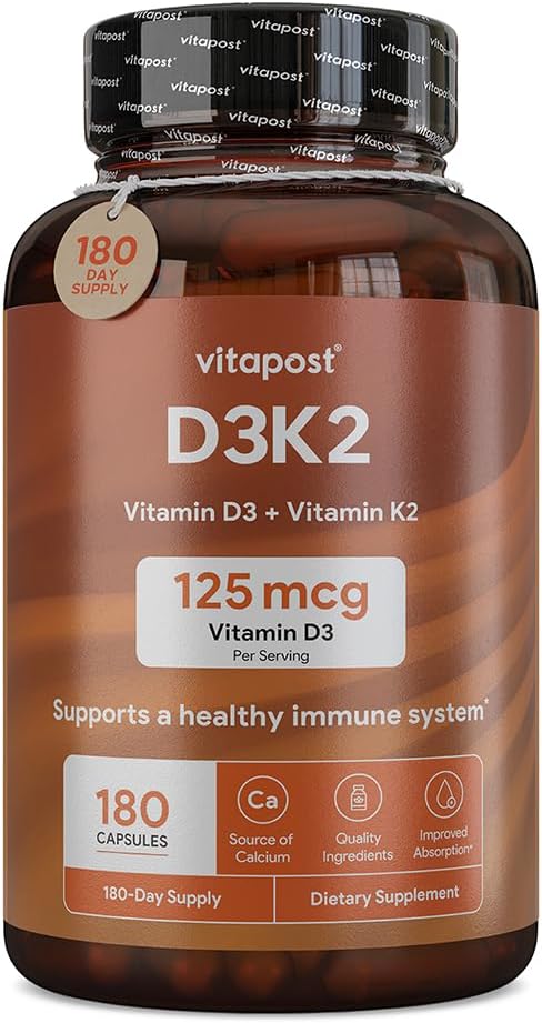 D3K2 D3 K2 yhdistää K-vitamiinin ja D-vitamiinin kalsiumin ja bioperiinin. D3 ja K2 lisäravinteet Terveet luut, sydän ja lihakset 180 kapselia