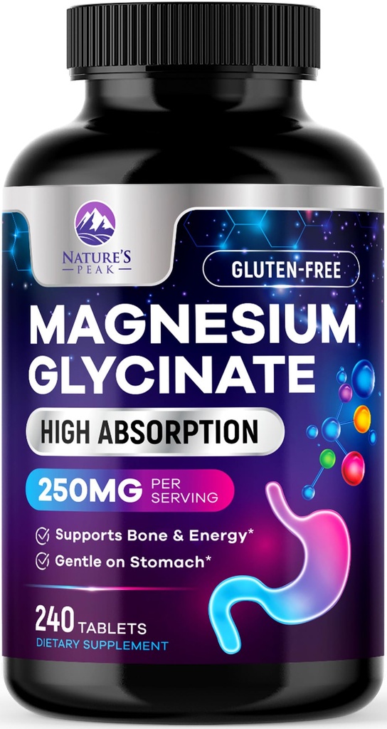 Magnesium Glycinate chelated för Max Absorption - Stöder ben, muskel, nerver och hjärthälsa, naturens sömn och stressstöd, bästa magnesiumtillskott piller för hela kroppen stöd - 240 tabletter