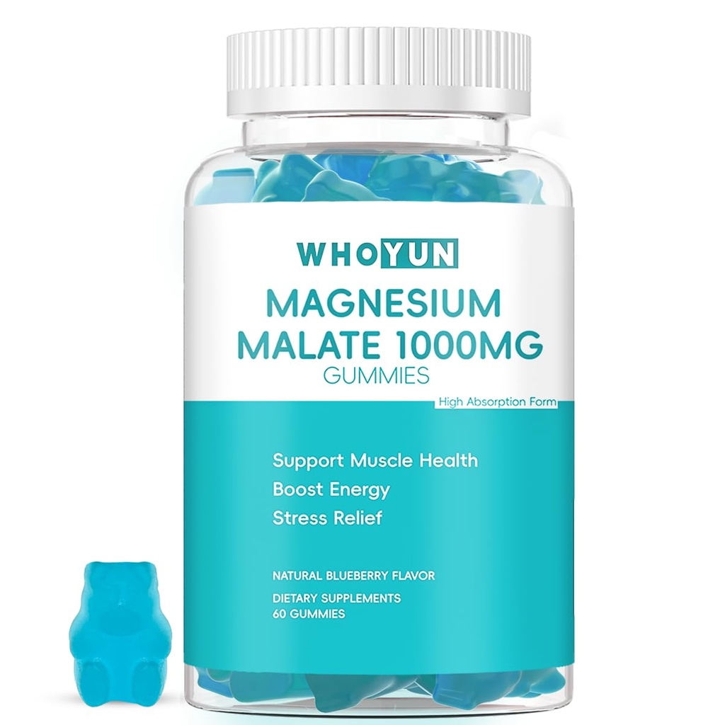 Magnesium Malaatti Gummies 1000 mg, tehostettu imeytyminen Magnesium Purut täydentää Malic Acid for Energy Boost & Lihasterveys, 60