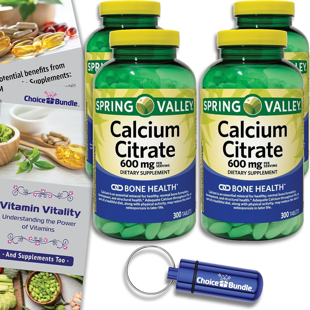 Spring Valley Kalsiumsitraatti Tabletit Ruokavalion täydennys 600 mg 300 Ct 4 pk Valitse Bundle (1200 yhteensä) + Vitamiini opas & pilleri Container (6 tuotetta)!