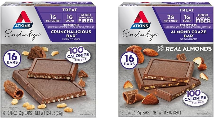 Atkins Endulge Treat Bars, Crunchalicious & Almond Craze Makuja, 1-2g Net Carbs, 1g sokeria, hyvä kuitulähde, Keto Friendly, 16