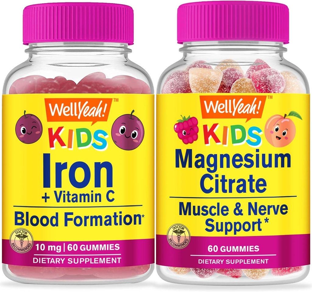 WellYeah Rauta + C-vitamiinia Lapset + Magnesium Citrate Kids, Gummies Bundle - Suuri makupala, vitamiini täydentää, Gluteeniton, GMO-vapaa, pureskeltava Gummy